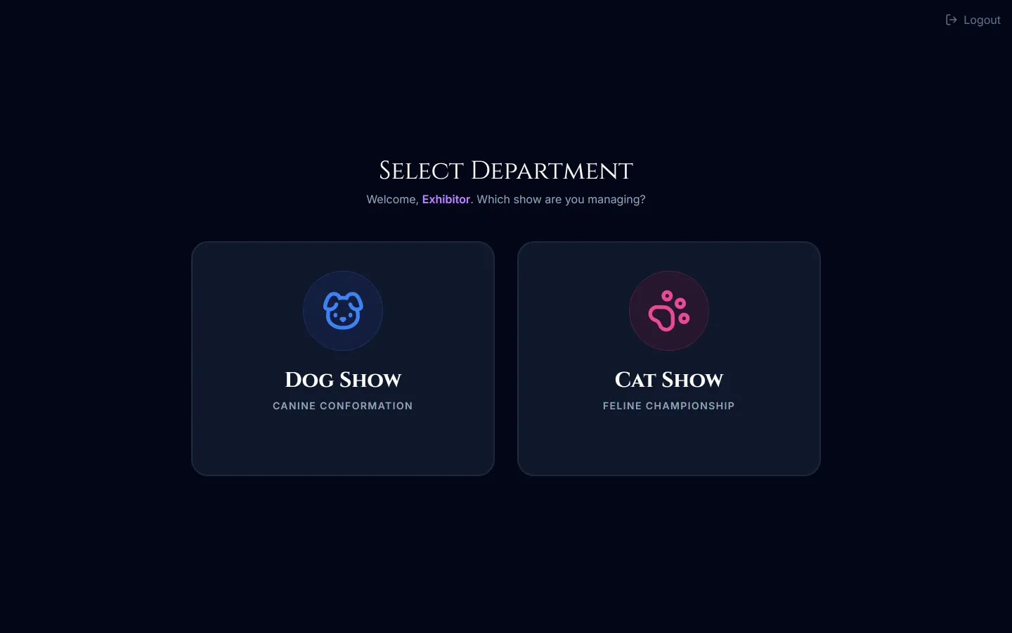 ShowKeeper’s first screen: choose Dog Show (canine conformation) or Cat Show (feline championship).