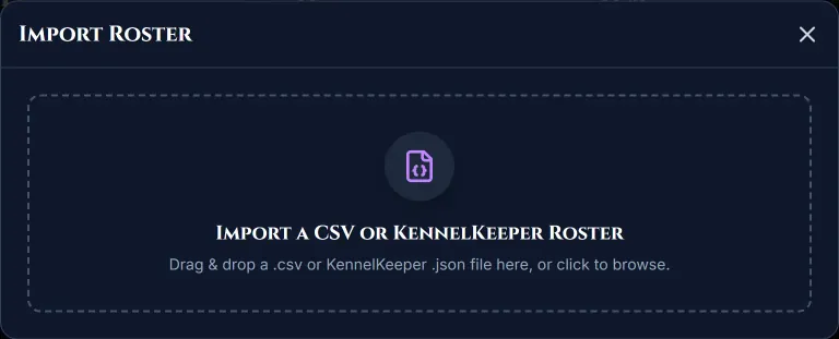 The Import Roster dialog: drop a .csv file here, or click to browse.